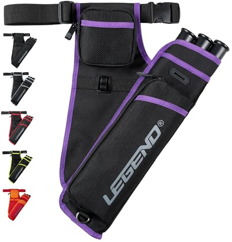 Legend First Archery Quiver Case for Arrows - Right Handed Target Shooting Hip Quivers with Adjustable Belt & 3 Arrow Tubes - Durable T-Slot & Pockets for Accessories & Score Card - Black/Purple