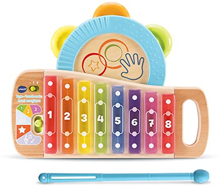 VTech - Xylo-Tambourin Lumi Magique, Instrument de Musique Enfant 2 en 1, Xylophone et Tambourin Partiellement en Bois, Jouet d'Éveil, Cadeau Bébé Fille et Garçon Dès 18 Mois - Contenu en Français