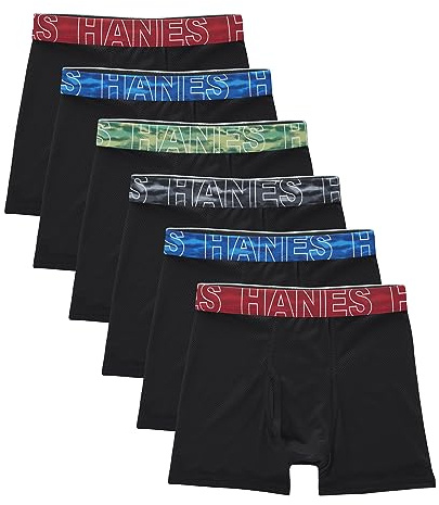 Hanes Boys' Performance Tween Boxer Brief Pack, X-Temp Mesh Stretch Underwear, Black, 6-Pack