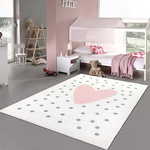 Teppich-Traum Kinderzimmer Kinderteppich flauschig rosa Herz graue Punkte in Creme 160x230 cm