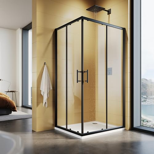 SUNXURY Cabina de ducha de 80 x 90 x 195 cm, entrada esquinera con puertas correderas dobles, marco negro, 5 mm, cristal de seguridad (ESG) transparente, montaje en plato de ducha o azulejo
