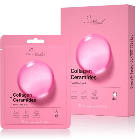 VIABEAUTY 8 Pack of Collagen Face Mask with Ceramides - Rejuvenating Facial Sheet Mask, Reduce Wrinkles & Fine Lines - Face Masks Skincare Moisturizing Collagen Mask for All Skin Types