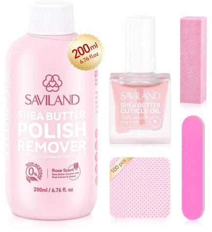 SAVILAND Acetone free Nail Polish Remover Kit, 200ml Non Acetone Nail Remover Rich In Shea Butter Castor Oil VE Cuticle Oil Nail files Nail Wipes 5 Seconds for Quick Remover