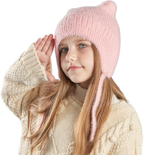 Chapeau d'hiver tricoté avec oreilles de chat pour enfants de 4 à 10 ans, bonnet de dessin animé avec ficelle pour enfants, bonnet en peluche chaud de couleur unie, anti-froid, accessoire de