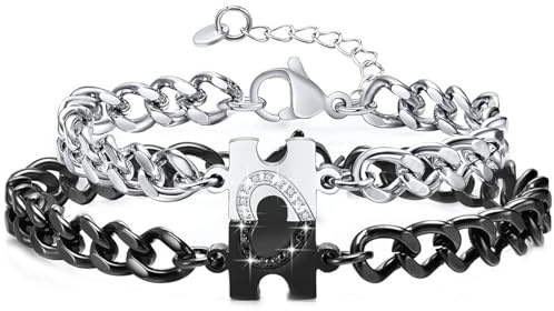 YEWCEP 1 paire de bracelets d'amitié, bracelets pour couple, bracelets avec puzzle Yin Yang Puzzle pour couple, gourmette réglable en argent et noir, 1, Acier inoxydable, Pas de gemme