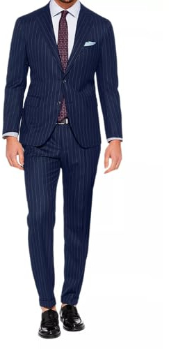 VEQUÈ Abito Elegante da Uomo Gessato Primavere Estate Completo Giacca e Pantalone Vestito a Righe Formale Due Pezzi Casual Elegante Matrimonio (IT, Numero, 50, Regular, Regular, Blu)