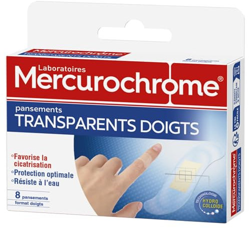 MERCUROCHROME - Pansements Transparents Doigts - Favorise la Cicatrisation - Protection Optimale - Résiste à l'eau - 8 Pansements - Technologie Hydrocolloïde