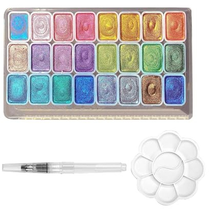 ZYEKIU 24 Couleurs Aquarelle Peinture Metallique, Paillettes Peinture Aquarellum, Avec 1 Pinceau et Palette, Kit Portable Idéal pour Artistes et Amoureux de la Peinture Aquarelle