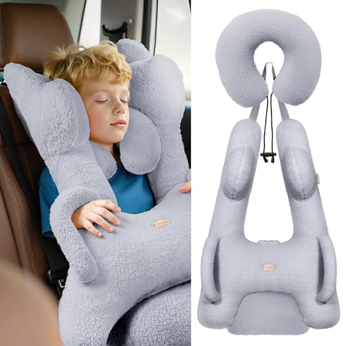 FLORICH Coussin Voiture Enfant, Oreiller Amovible en Forme de H pour Adultes et Enfants pour Soutenir la tête et Le Corps Voyage en Voiture avec Oreiller de Cou et Couverture (Gris01)