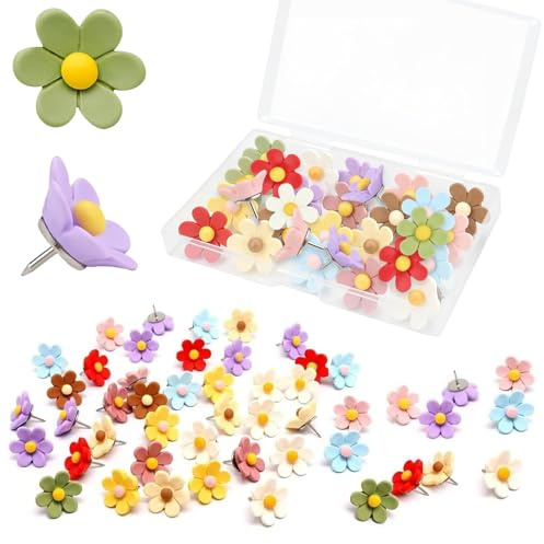 VYNFLICK Flower Push Pins - 50 Pcs Cute Decorative Colorful Floral Thumb Tacks for Cork Board Wall Bulletin Board Travel Map Photo Home Office Supplies Accessories