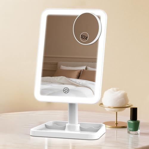 Rechargeable Makeup Vanity Mirror with Lights, Large Light Up Mirror for Dressing Table or Bathroom, 3-Colour Dimmable Lighting, Touch Sensor, Portable Travel Mirror with Detachable 10X Magnification