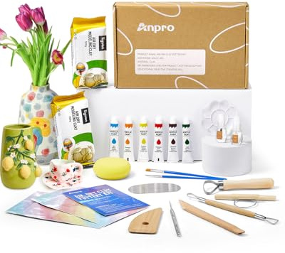 Anpro Air Dry Clay for Adults,21 PCS Pottery Kit,2 * 500g Clay Kit with Tools,Instructions & Gloss Varnish,Paint,Tool Set,Paintbru,Arts Crafts Hobby