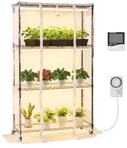 VEVOR Serra da Interni con Luci di Coltivazione, Supporto per Piante a 4 Livelli, Espositore Alto 150 cm con Copertura Trasparente, Timer e Igrometro, Luci di Coltivazione a Spettro Completo da 180 W
