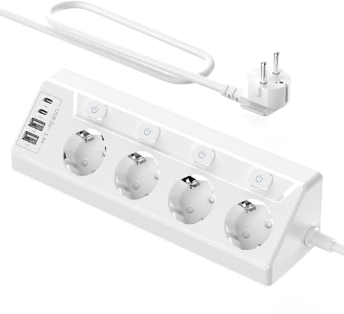 Grenuttag enskilt omkopplingsbart flera uttag – 4 fack flera uttag med USB, 8-i-1 Power Strips bordsuttag med 2 m kabel, för hem och kontor, 16 A, 3 680 W