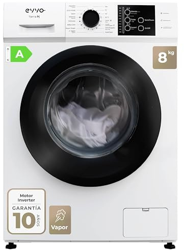 EVVO Lavadora Carga Frontal TERRA K8 - Lavadora Eficiencia Energética A, Motor eDRIVE Inverter, Función Vapor, 1000-1200 RPM, 16 Programas, Lavado Rápido, Limpieza de Tambor, lavadora 8 Kg Capacidad