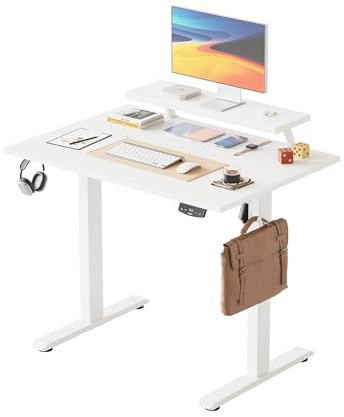 Agilestic Bureau réglable en Hauteur électrique avec Support écran | Support écran mobile, bureau assis debout 100x60 cm, 2 boutons mémoire, plateau en 2 parties, idéal télétravail, Blanc