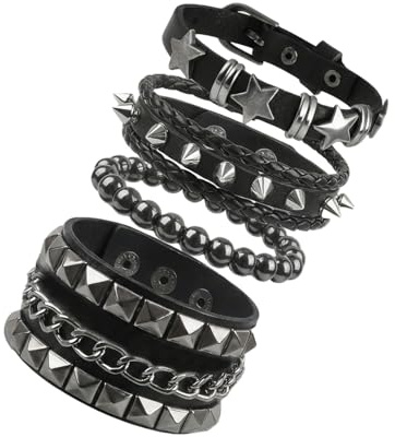 Volwiqu 4 Pcs Punk Rock Spiked Studded Bracelet Set,Women's Stars Rivets Leather Wrap Cuff Bracelets,Gothic Retro Spiked Adjustable Wrap Wrist Cuffs,Pop 80s Emo Jewelry Accessories
