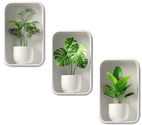 Simsky 3 Stück 3D Wandtattoo Blumen, Selbstklebende Wandsticker für Wohnzimmer, Badezimmer & Schlafzimmer, Modernes Wandbild Set als Wanddekoration mit Pflanzen- und Vasenmotiven