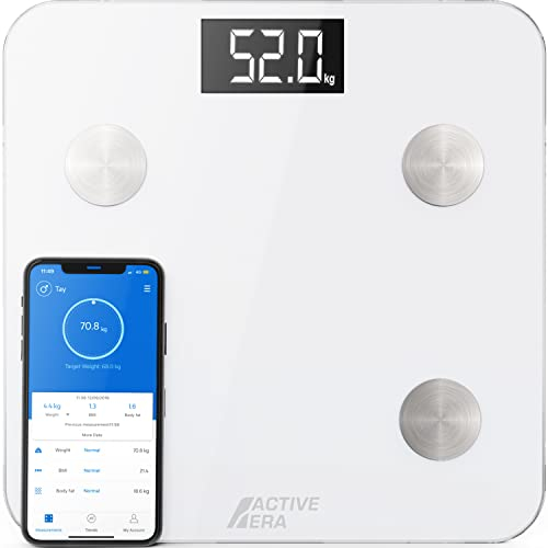Active Era® Smart Body Fat Scales - Bluetooth Digital Bathroom Scales with 15 Essential Features - High Precision Body Weight, Body Mass Index (BMI), Visceral Fat - Free Smartphone App (White)
