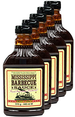 Mississippi - 5er Set Original Barbecue Sauce Sweet'n Spicy 510 g (440ml) - American BBQ Sauce (süß und scharf) - Premium Barbeque Würzsauce ideal als Grillsauce (auch zum Dippen und Marinieren)