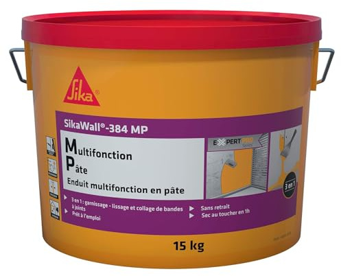 SIKA - Rebouchage, lissage, collage de bande à joints - SikaWall-384 MP Blanc - Enduit multifonction en pâte 3 en 1 - Int/Mur et plafond - Prêt à l'emploi - Sec au toucher en 1h - Environ 9m² - 15kg