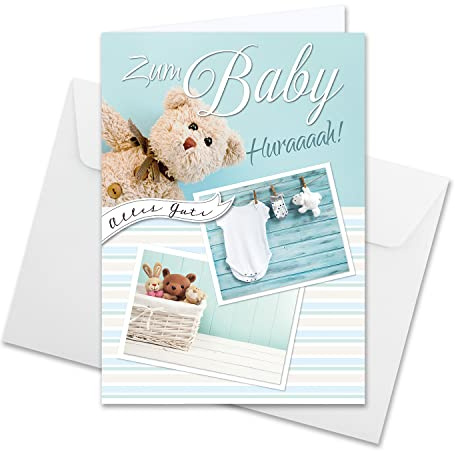 1 tarjeta de felicitación XXL para nacimiento DIN A4, tamaño grande. Set con sobre grande DIN C4, diseño de animal de peluche con pelele, para niños