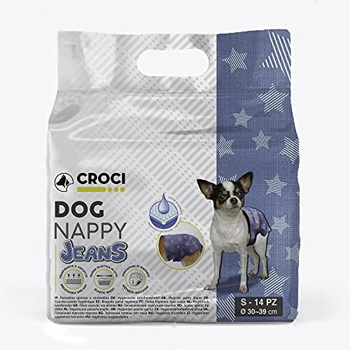 Croci Dog Nappy Jeans - Culotte absorbante pour chiennes, Taille S - Ø 30-39 cm, Couche hygiénique chaleurs et Pipi, Anti-odeurs, jetable, Fermeture adhésive réglable, 14 pcs