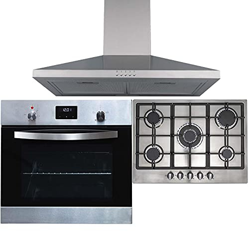 SIA SO114SS 60cm Stainless Steel Digital Electric Single Fan Oven, R6 70cm 5 Burner Gas Hob With LPG Kit & CHL60SS Chimney Cooker Hood