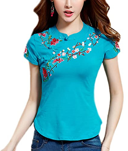 Blusa bordada floral tradicional china de las mujeres Top mangas cortas Rana Botones Slim Fit Cheongsam Camisa, Azul / Patchwork, Large Chiquita