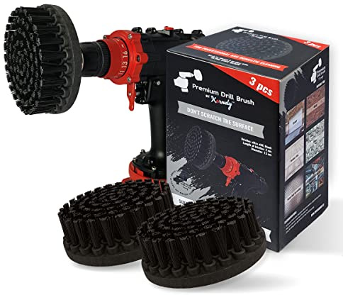 Kornely Premium Drill Brush Professional – Ultra-Stiff 13 cm Black Set of 3 | Scratch-Free Heavy-Duty Cleaning Brush for Concrete, Brick, Stone, Metal, Garage, BBQ Grills, Rust and Construction Tools