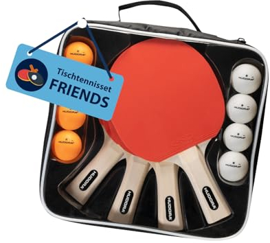 HUDORA Tischtennis Set Friends - hochwertiges Tischtennisschläger Set mit 4 Schlägern & 8 Bällen - Ping Pong Schläger Set inkl. Aufbewahrungstasche - Tischtennis Schläger für 4 Spieler