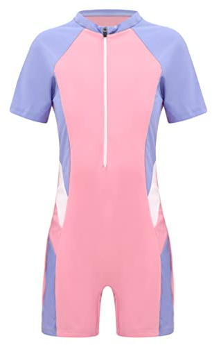 Doomiva Maillot de Bain 1 Pièce Fille Combinaison de Natation Manche Courte Maillot Surf Plage Piscine Swimwear pour Enfant 7-12 Ans Rose 9-10 Ans