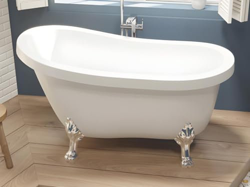 Vente-unique-Bañera exenta retro con patas de león plateadas - 171 L - 145 x 74 x 77 cm - blanco - NISOS