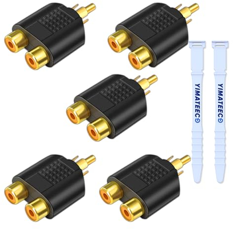 YIMATEECO Adaptateur Répartiteur RCA 5 pièces Connecteur Cinch Y Adaptateur AV 1 Mâle à 2 Femelle RCA à Jack pour Caisson Basses, Phono, Subwoofer Voiture, Amplificateur (5 pièces, R-C-A Splitter)