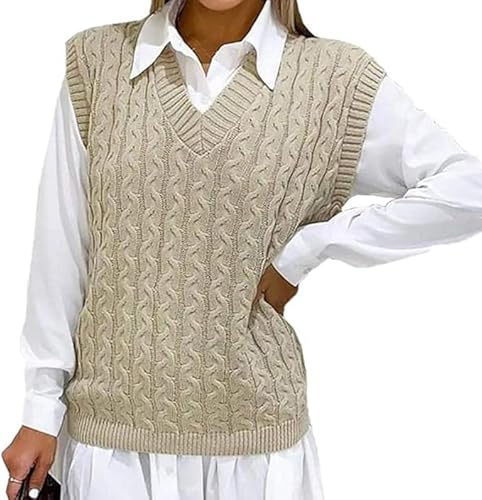 Women's Ladies Cable Knit Sleeveless Vest Knitted Jumper V Neck Tank Top Chunky Sweaters Pull Over Casual Plus Size 8-22 UK