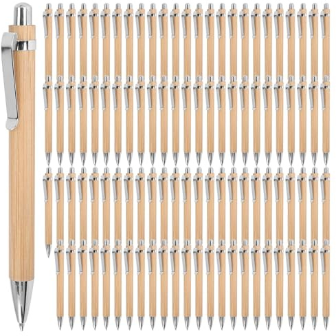 Happysnow Lot de 100 stylos à bille en bambou - Encre - Couleur bois - Fournitures de bureau et d'école - Cadeaux