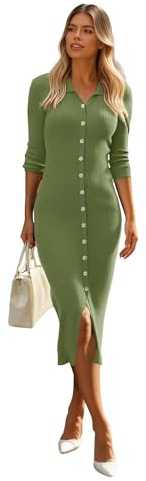 Newshows Jumper Dress for Women UK V Neck Midi Army Green Dress Ladies Bodycon Knitted Dress Elegant Sweater Dress