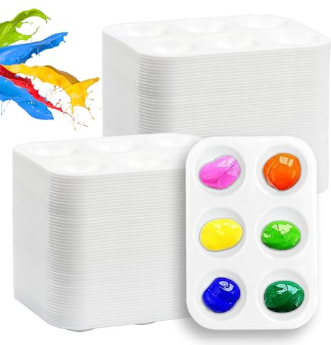 100Pack White Plastic 6 Well Watercolor Palette, Rectangular Paint Tray Holder