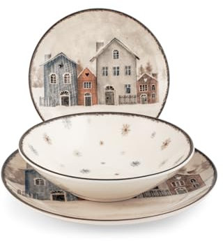 H&H, Service de table 18 pièces Snowland, set de table de Noël en stoneware, lavable au lave-vaisselle