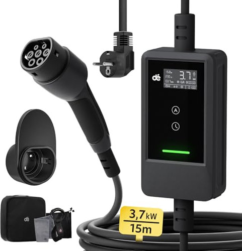 dé Ladekabel Elektroauto Typ 2 Schuko 3,7kW [15m, 6-16A] EV Charger Mit Kabelhalter und digitalem LCD - EV Ladegerät für e Auto Model 3/Y, ID.3/4/5, MG4, Q4, GLA, Zoe und Anderen PHEV/EV