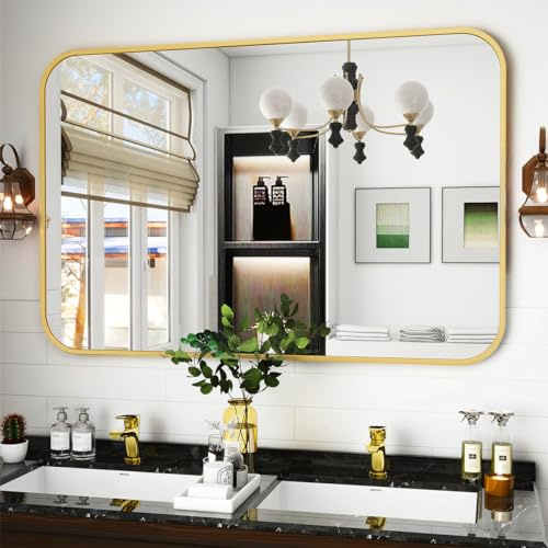 Koonmi Miroir Mural Doré, 90x120 cm Miroir de Salle de Bain avec Coin Rond, Miroir Moderne à Cadre en Alliage d'aluminium pour Montage Mural Horizontal ou Vertical, Doré