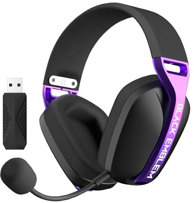 Black Emblem Cuffia Gaming Wireless con Mic rimovibile per PC, PS5, PS4, 2,4 GHZ cuffie da gioco con auricolari respirabili, Bluetooth 5.4, batteria 50H, cuffie da gioco leggere