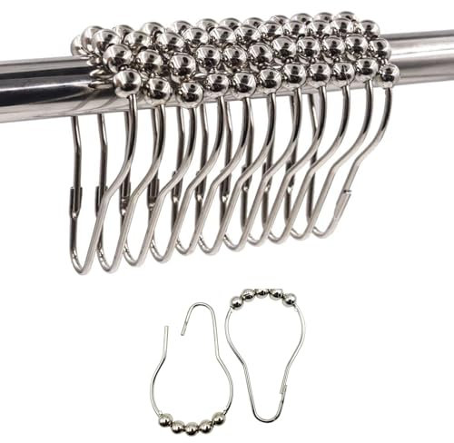 14pcs Stainless Steel Shower Curtain Hooks With Roller Balls - Heavy Duty Bath Rings for Window, Bathroom Rods