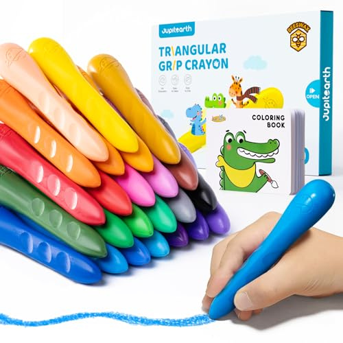 JUPITEARTH Crayones triangulares jumbo de 24 colores con libro para colorear y calcomanías adicionales, no tóxicos, fáciles de agarrar y lavables para niños pequeños de 1 a 3, 4 a 8 años, juguetes de