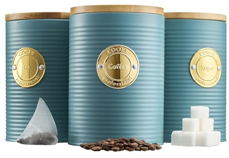 Cooks Professional 3 Piece Ribbed Tea, Coffee, & Sugar Cannisters with Air-Tight Bamboo Lids | Stainless Steel Kitchen Storage Bin Set | Modern & Stylish | Teal & Gold