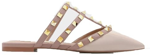 Chaussures Plates à Clous pour Femmes, Chaussures à Talons Plats à Bout Pointu et à lanières, Escarpins à Bout fermé et à Bride arrière pour Un Confort décontracté,Beige,40 EU