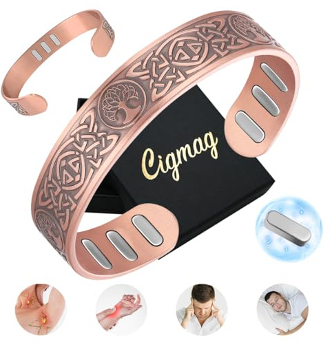 Cigmag Bracciale da uomo in rame, con 9 potenti magneti da 5000 gauss, regolabile in 99% rame puro (albero della vita celtico Lotus)