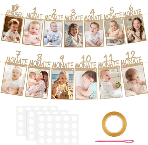 kelav Fotobanderoll, 12 månader fotoram, 1 års födelsedag, banderoll, festbanderoll uppfyller presenten för nyfödda pojkar flickor, kraftpapper, personlig fotobanderoll