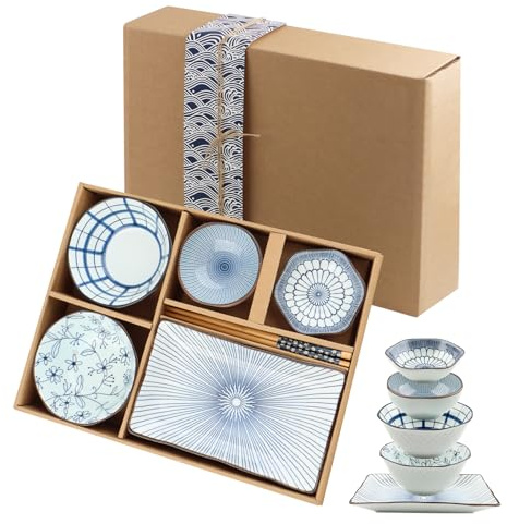 TBRFP Ceramic Bowl Set - 2 Pieces 5 Rice/Soup Bowls,2 Dipping Dishes,1 Square Serving Plate & 2 Chopsticks - Microwave & Dishwasher Safe Dining Set for Sushi,Ramen,Tapas,Cereal