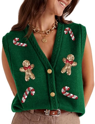 Alaurbeauty Maglione natalizio da donna, dolcemente ricamato, con bottoni anteriori, canotta crochet, gilet festivo lavorato a maglia con paillettes, abbigliamento natalizio, verde, S